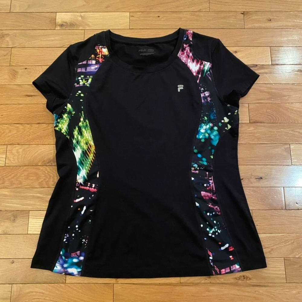 Fila Sport Womens XL Black Multi Color Abstract Performance T-Shirt Activewear